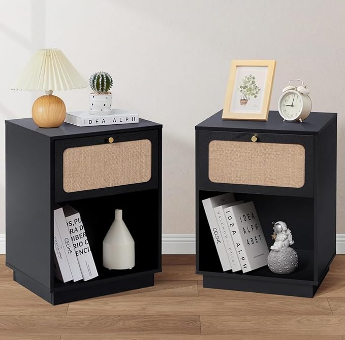 AVZEAR Mid Century Night Stand Set of 2, Modern Nightstand with Drawer & Curved Linen Panel, Farmhouse End Table Wood Bedside Table Small Sides Tables for Small Space, Bedroom(Black)
