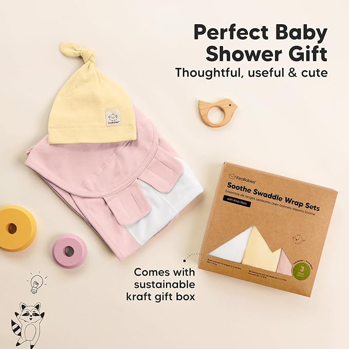 KeaBabies 3-Pack Swaddles for Newborns, Girls, Boys with Hats - Organic Soft Baby Sleep Sacks, Breathable Baby Swaddle 3-6 Months Beanies Set, Premie Infant Sleep Sack 0-3 Months (Daffodil)