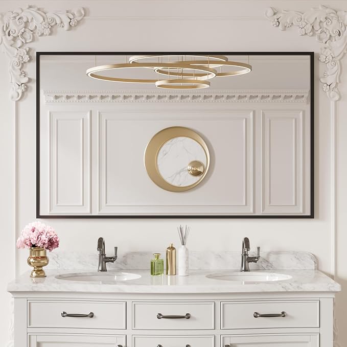 LOAAO 60"X30" Black Rectangle Bathroom Mirror Wall, Matte Black Aluminum Alloy Frame, Tempered Glass, Hangs Vertically or Horizontally, Easy to Install