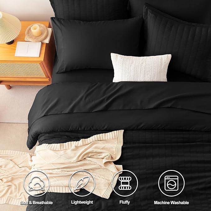 CozyLux Full Size Comforter Sets with Sheets Seersucker 7 Pieces Black Bed in a Bag Textured Luxury Soft Bedding Set with Down Alternative Comforter, Sheets, Pillowcases & Shams for All Seasons