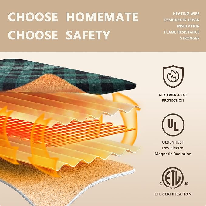HomeMate Electric Blanket Heated Full Size - 72“x84“ Ultra Soft Cozy Flannel Heating Blanket with 10 Fast Heat Levels 8 Hours Auto Off Over-Heated Protection ETL Certification Keep Warm in Home Office