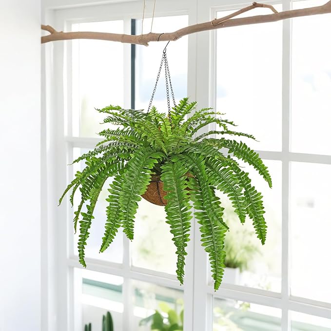 Fake Hanging Plants Large Boston Fern Artificial Plants Outdoor Realistic Fake Ferns with Palm Basket Silk Plants Ferns Hanging Plant Artificial Decor for Home Front Porch Window Garden - Green
