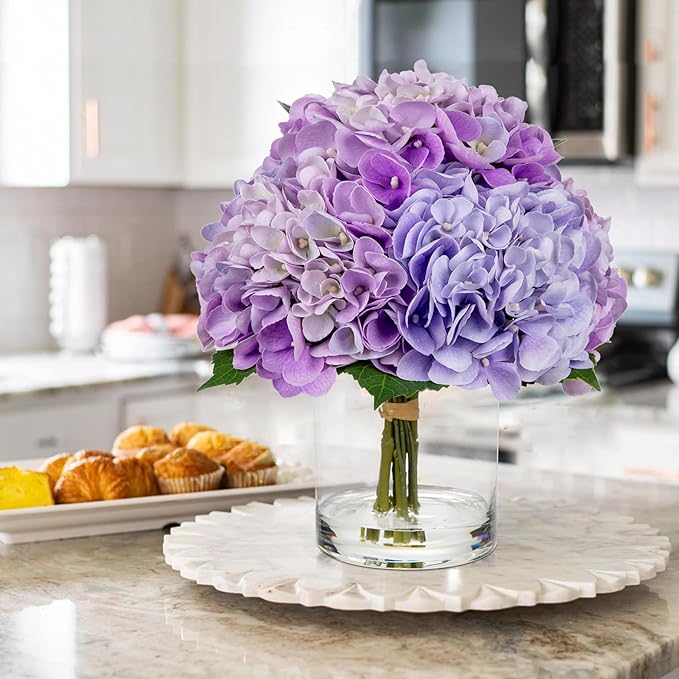 Hollyone Purple Hydrangea Artificial Flowers in Vase Latex Real Touch Large Faux Hydrangea Flowers Arrangements Hydrangeas Fake Flower with Glass Vase with Faux Water for Table Centerpiece Home Decor