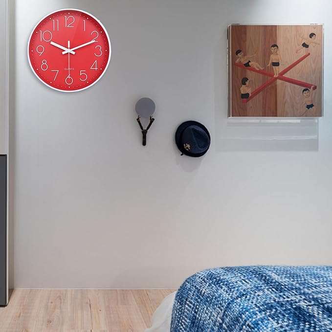 Wall Clock Battery Operated Non-Ticking Modern Analog Wall Clocks for Kitchen, Bedroom Decor (10 Inch, Red)