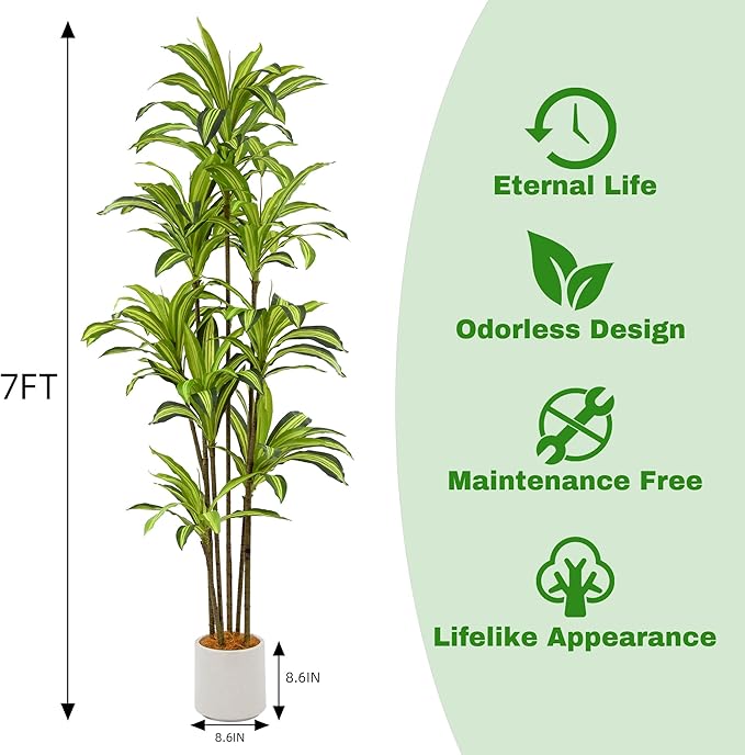 Faux Dracaena Tree 7ft(84in) Artificial Plant with Realistic Leaves and Trunks,Fake Floor Potted Tall Artificial Trees for Home Office Decor Indoor (7Feet,1Pack)