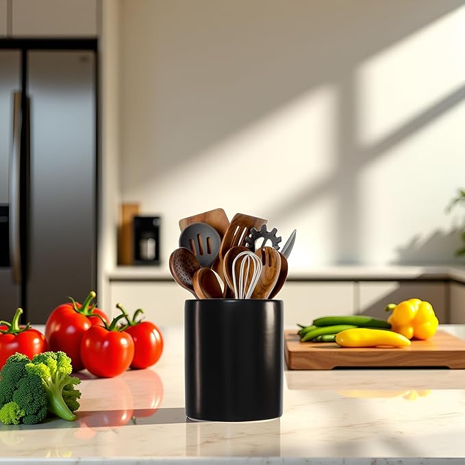 Black Utensils Holder, Caddy Cutlery Holder Silverware, Utensils Organizer Elegant Black Porcelain, Spoon Holder for Party Tableware Holder for Kitchen Table