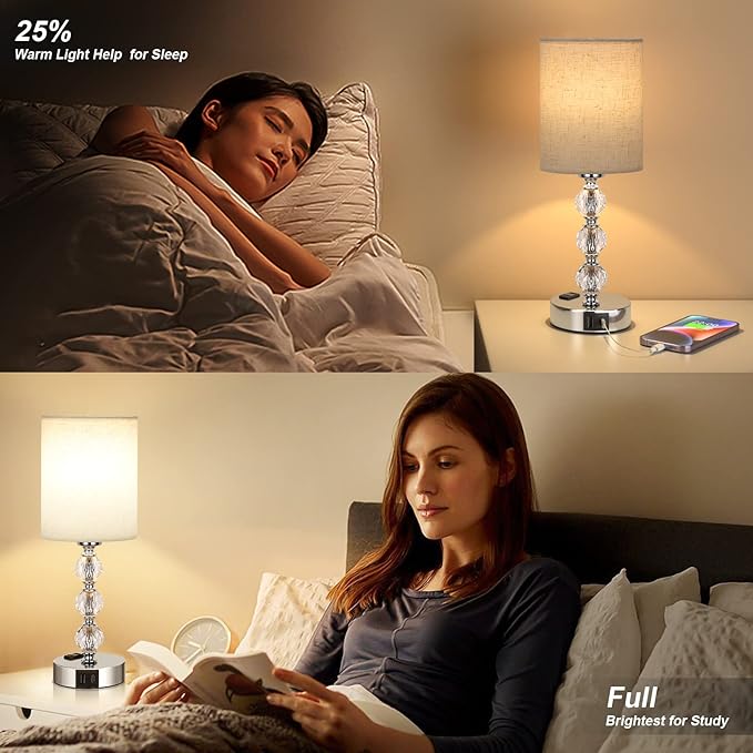 White Touch Bedside Lamps for Bedrooms - Crystal Table Lamp with USB C+A Charging Port and AC Outlet Nightstand, 3 Way Dimmable Silver Small End Side Table Lamp for Living/Guest/Dinning Room/Kitchen