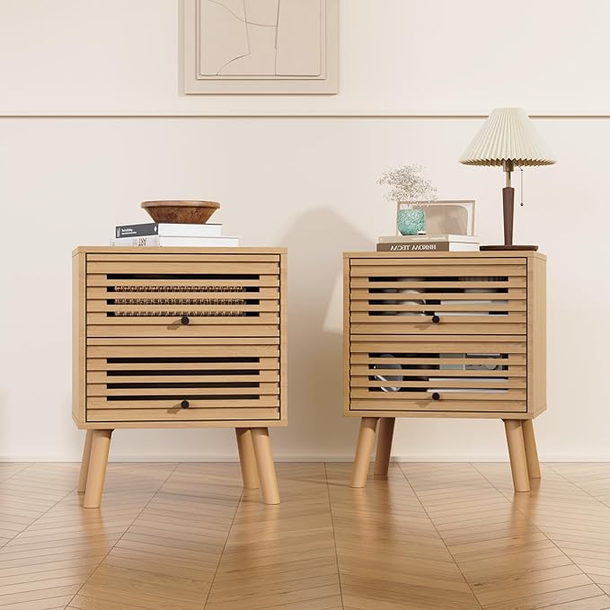 Nightstand Set of 2, Side Table, End Table, Mid Century Modern Nightstand with Hollowed Drawers, Bedside Tables, Small Nightstands with Storage for Bedroom, Living Room, Oak