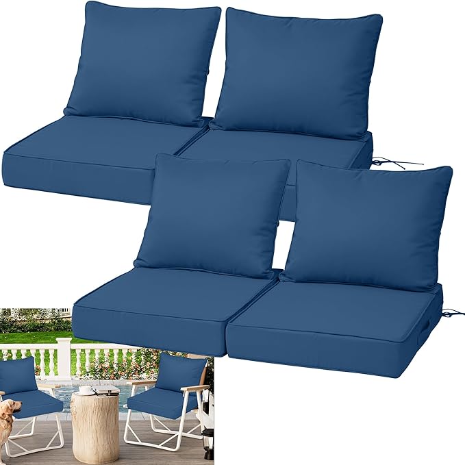 Waterproof Outdoor Chair Cushion Set of 4, 24x24x5 IN Deep Seat Patio Cushions with Fade Resistant Removable Cover,Outdoor Cushions for Patio Furniture with Ties&Handle for Chair Sofa Couch,Dark Blue