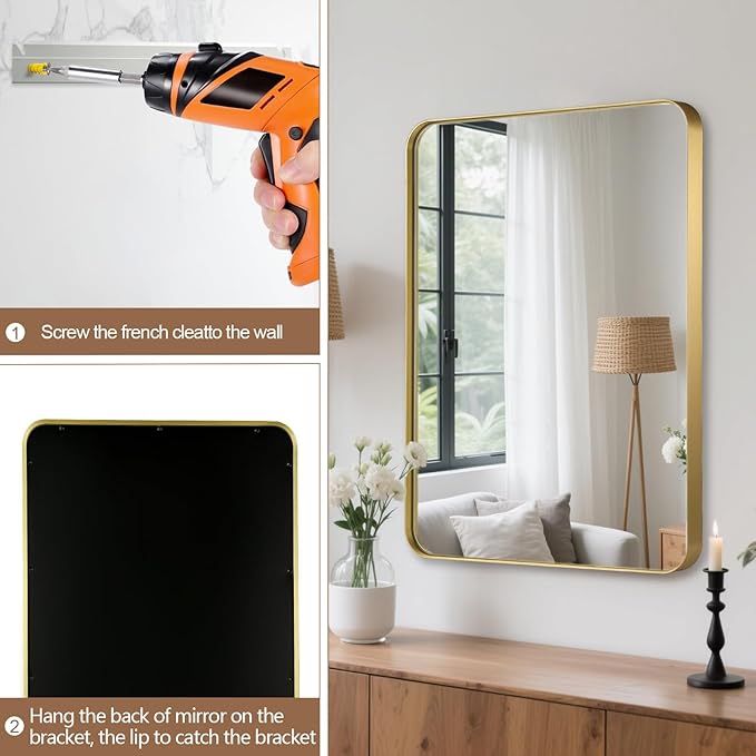 22x30 Inch Gold Bathroom Mirror, Brushed Metal Framed Rectangle Mirror with Rounded Corner, Gold Bathroom Vanity Mirror for Bedroom or Living Room, Horizontal/Vertical