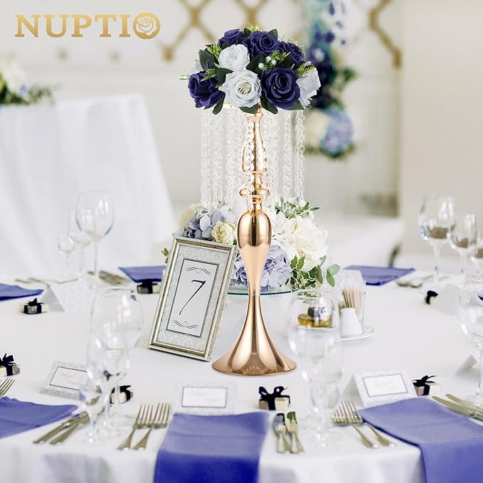 NUPTIO Artificial Flower Centrepieces for Tables - 10 Pcs Navy Blue & White Fake Flowers Roses Balls 9.5in Diameter - Silk Faux Rose Arrangement for Wedding Party Centerpiece Table Decorations