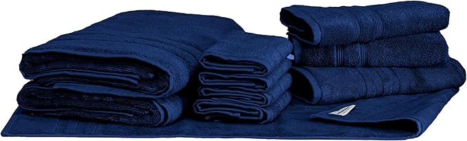 Mosobam Luxury Turkish 10pc Deluxe Bath Bundle Body Hand Face Towel and Mat Navy Blue 700 GSM & 1000 GSM Bamboo Viscose & Aegean Turkish Combed Cotton