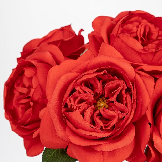 Hollyone Red Roses Peonies Artificial Flowers with Glass Vase Silk David Austin Roses Faux Flowers Arrangements with Clear Faux Water in Vase Fake Peonies Rose Peony Floral Bulk Bouquet Home Decor