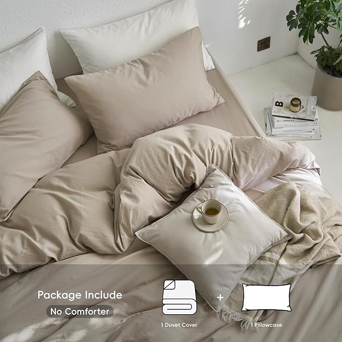 MooMee Twin Duvet Cover Set, 100% Washed Cotton Linen Like Twill Thick Sturdy Material Super Soft Breathable Durable Bedding for All Season, 2 Pieces (Tannish Linen LikeGrey, Twin 68"x90")
