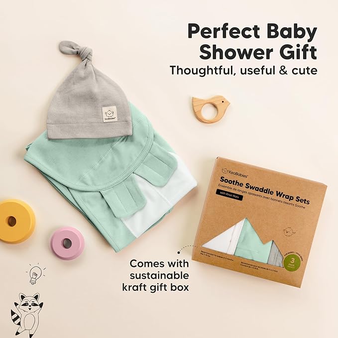KeaBabies 3-Pack Swaddles for Newborns, Girls, Boys with Hats - Organic Soft Baby Sleep Sacks, Breathable Baby Swaddle 3-6 Months Beanies Set, Premie Infant Sleep Sack 0-3 Months (Sage)