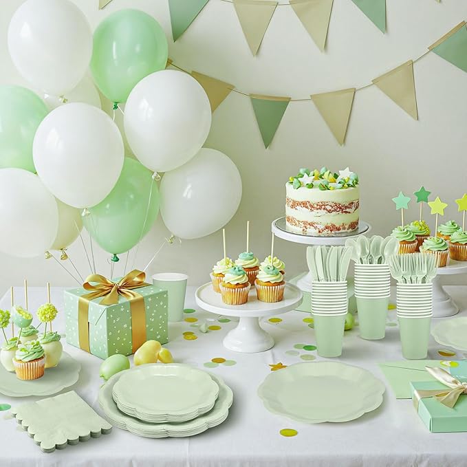 175 Pcs Sage Green Party Plates Cups and Napkins Set, 25 Guest Sage Green Party Supplies Include Scalloped Plate Napkin Cup Forks Knives Disposable Plastic Cutlery for Wedding Baby Shower Birthday