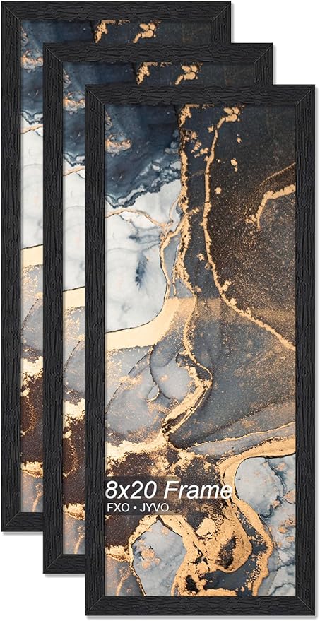 Engineered Wood 8x20 Picture Frame Set of 3, Black Frame for 8 x 20 Inch Picture Poster Photo, Light Weight 8 by 20 Frame with Wood-grain for Wall - 3 Pack/Black/8"x20"