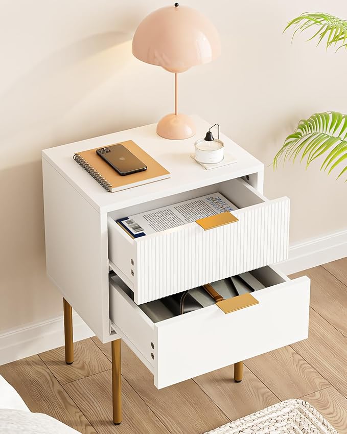 Nightstand,Morden Bedside Table with Gold Frame,Small White Night Stand,End Table,Bedside Furniture,Side Table with Drawer and Shelf for Bedroom,Living Room (2Drawers, White)