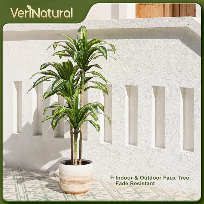 Artificial Dracaena Tree 5FT - Tall Faux Floor Plant with UV-Resistant,Artificial Plants with Lifelike Leaves,Potted Fake Trees for Home, Living Room,Indoor & Outdoor Decor,VN123(Yellow)