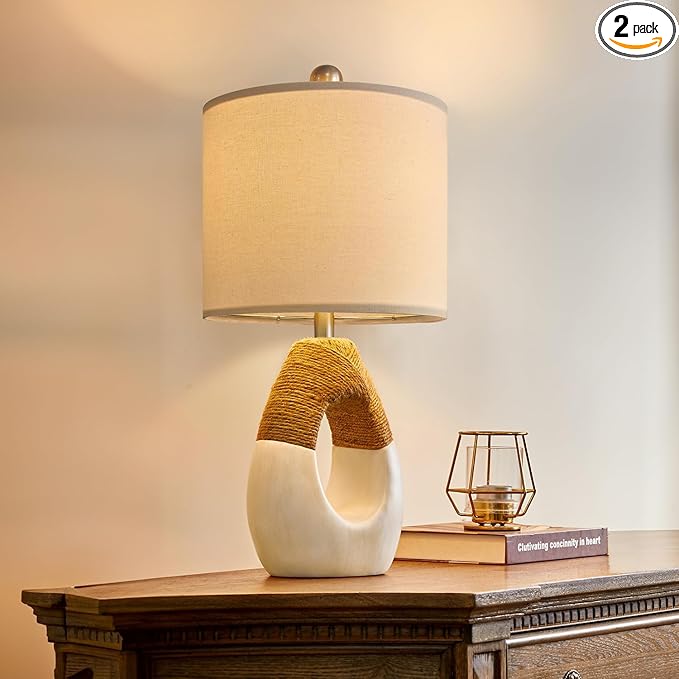 OYEARS 19” Boho Table Lamps Bedroom Living Room,Suitable for Small Space,Farmhouse Rattan Lamp Rustic Egg Design Resin Nightstand Bedside Lamps for Bedroom Living Room Office Study Rest Decor