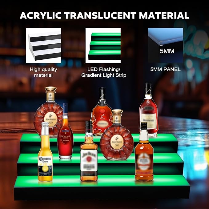 GCCSJ LED Lighted Liquor Bottle Display, RF Remote LED Liquor Shelves with 16 Static Colors,Home Bar Liquor Bottle Accessories Acrylic Shelf, 3 Tiers 16 Inch