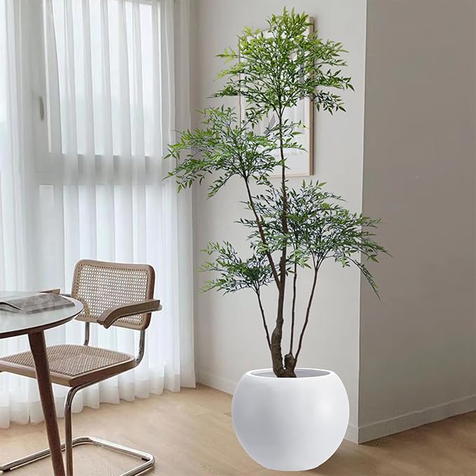 13.5 H x 17" Dia (12" Pot Opening) White Round Fiberstone Tall Planter with Drainage Hole, Indoor/Outdoor Large Plant