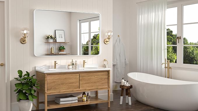 Keonjinn White Bathroom Vanity Mirror 48 x 30 Inch Large Rounded Corner Rectangular Wall Mirror, Farmhouse Mirror, Seamless Metal Frame, HD Tempered Glass Modern Decorative Mirror(Horizontal/Vertical)
