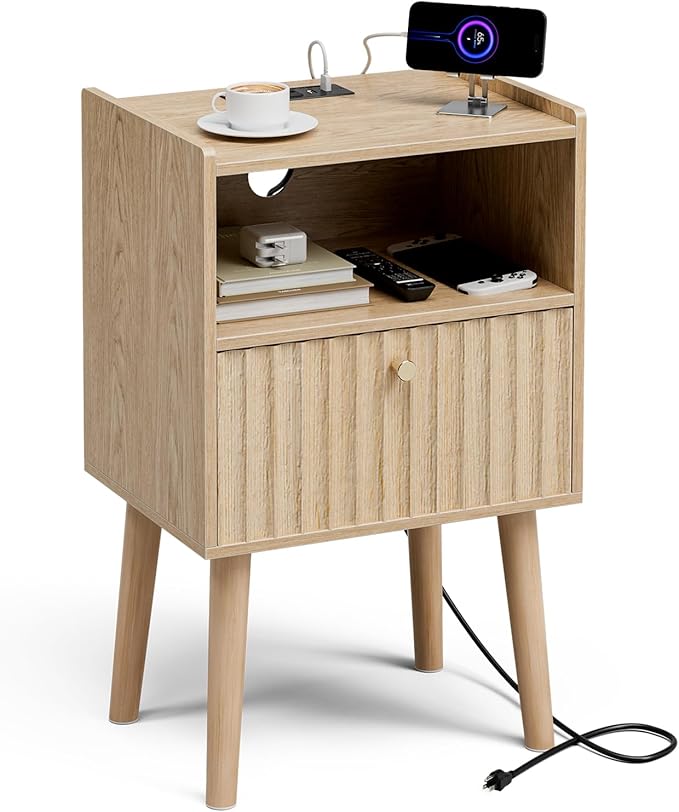 Side Table with Charging Station, Modern End Table with Fluted Drawer, Bedside Table, Night Stand with 2 Tiers Storage Space, for Bedroom, Living Room, Oak
