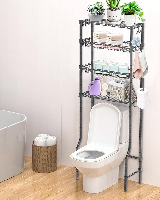 Over The Toilet Storage, 4-Tier Over Toilet Shelf Organizer Metal Storage Rack Freestanding Bathroom Space Saver with Adjustable Shelves and Baskets, Gray