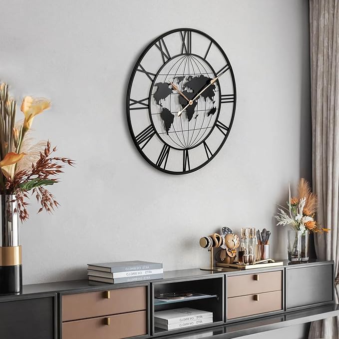 36 Inch Extra Large World Map Wall Clock,Metal Minimalist Modern Silent Non-Ticking Battery Operated Round Clock for Living Room, Bedroom, Office, Kitchen, Black Roman Numerals