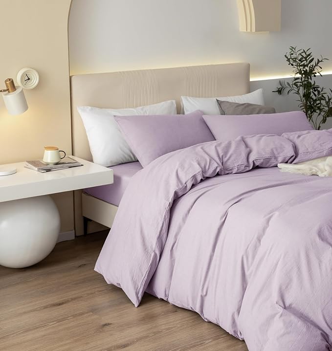 JIYUAN 100% Washed Cotton Duvet Cover Set 3 Pieces Full, 1 Duvet Cover 80x90 Inches(Comforter Not Included) and 2 Pillowcases,Linen Like Comfy and Breathable,Heathered Light Purple