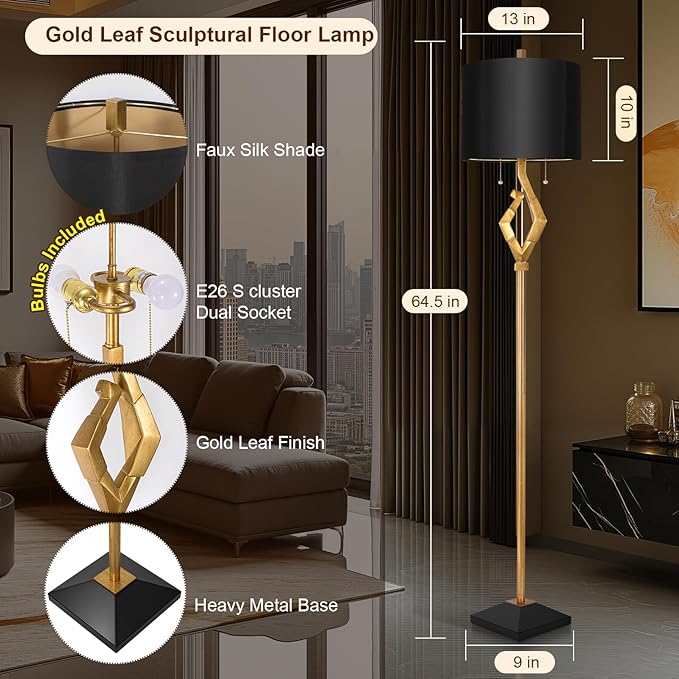 Scenekoy Sculptural 64.5” Floor Lamp for Living Room Bedroom, Gold Leaf Finish & Black Faux Silk Shade, Pull Chains Switch Standing Lamp, Brightness Adjustable Lamp with Bulb Prefer for Home Office