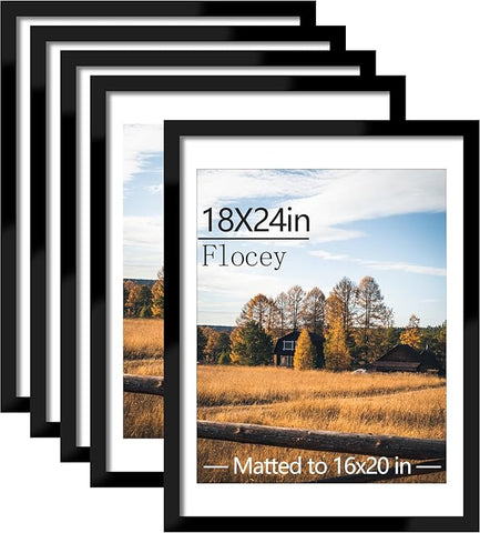 18x24 Picture Frame Set of 5, Black Poster Frame, Display Pictures 16 x 20 with Mat or 18 x 24 Without Mat for Horizontal or Vertical Wall Mounting, Wall Gallery Frame for Artwork