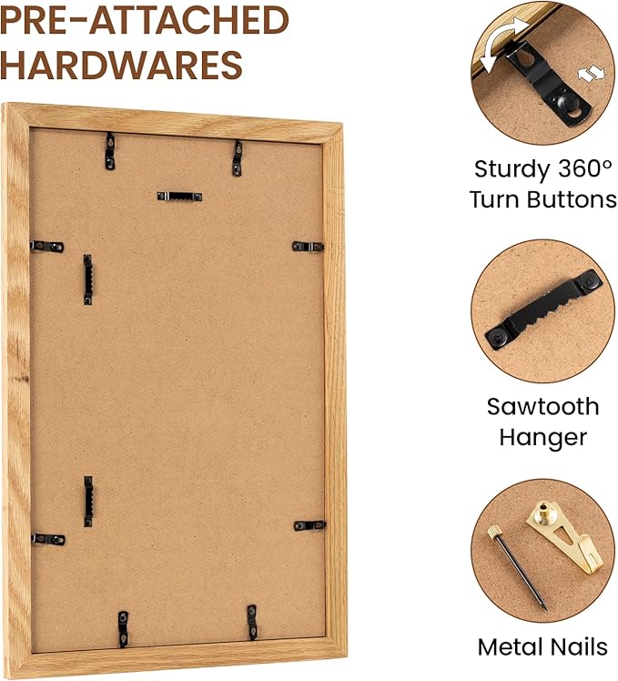 11x17 Picture Frame, Natural Solid Wooden Picture Frames with Tempered Glass, Display 8x12 with Mat or 11 x 17 Without, Vertical or Horizontal Wall Hanging Photo Frame, Natural Oak Color, 3 Pack