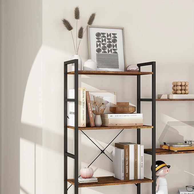 Panana Triple 4/5/6 Tier Bookshelf, Industrial Bookcase with 11/14/17 Open Display Shelves Wide Book Shelf Book Case with Metal Frame for Living Room Home Office (Brown, 5 Tier)