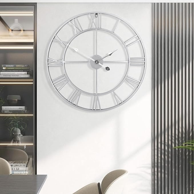 1st owned Large Wall Clock Silent Non-Ticking Roman Numerals Vintage Battery Operated (24 inch,18inch,16inch) Farmhouse Wall Clock for Living Room, Bedroom, Kitchen, Cafe Decor-Silver 47CM