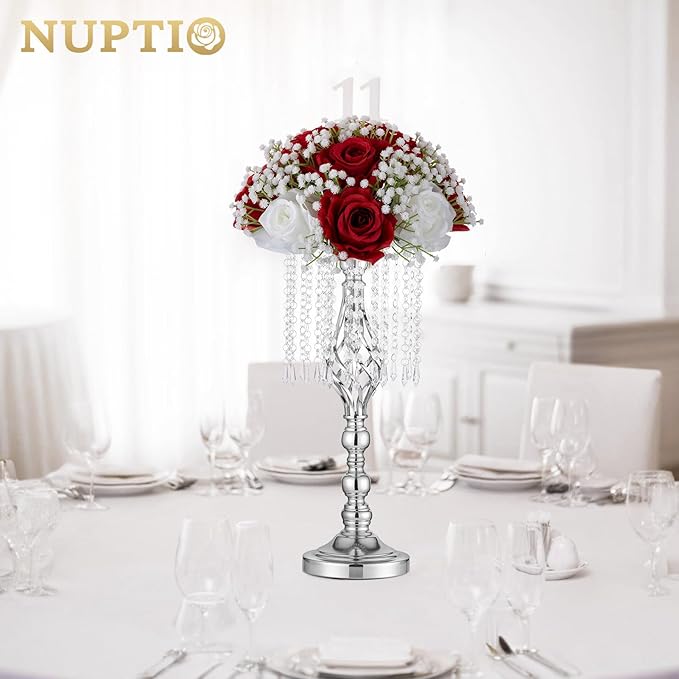 NUPTIO Flower Ball Arrangement Bouquet: 2 Pcs 8.6 inch Diameter Crimson Rose Fake Babys Breath Artificial Flowers for Wedding Centerpiece Event Party Tables Decorations