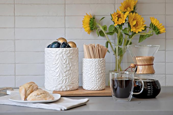 Large 7.3"+5.4" Engraved Ceramic Utensil Holder for Countertop, Cooking Utensils Organizer for Spatula, Large Utensils Crock for Kitchen Counter, Kitchen Decor, set of 2, White