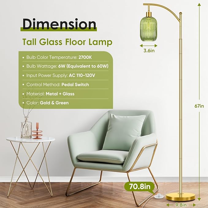 Glass Floor Lamp for Living Room, Modern Green Standing Lamp with Ribbed Glass Lampshade Foot Switch, 67” Tall Lamp for Bedroom Study Room