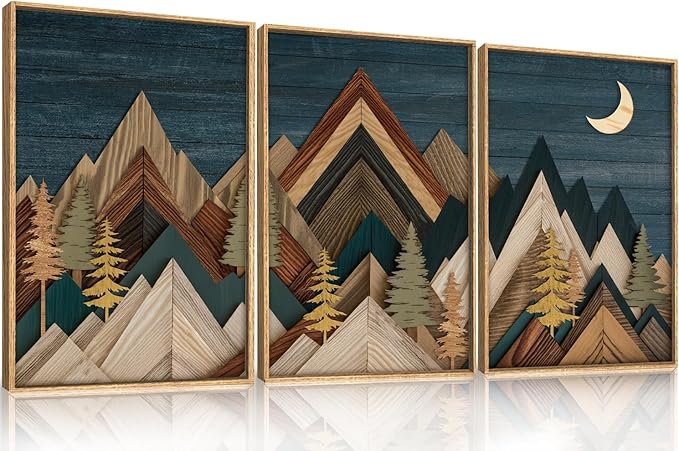 Mountain Woodcut Nature Framed Canvas Wall Art Set,Vintage Pine Tree Wall Decor, Country Wilderness Forest Wall Painting,Modern Navy blue Art Prints for Living Room,Bedroom,Farmhouse - 24"x36"x3