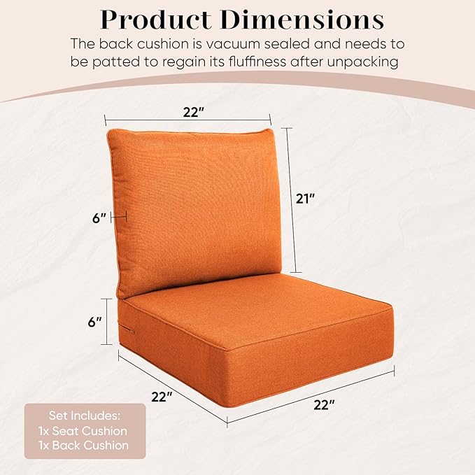 Luxury Outdoor Seat Cushion Set-22 x 22 x 6 Inch Outdoor Chair Cushions with Water Resistant & Removable Cover Outdoor Cushions for Patio Furniture Chair Sofa Couch-Beige