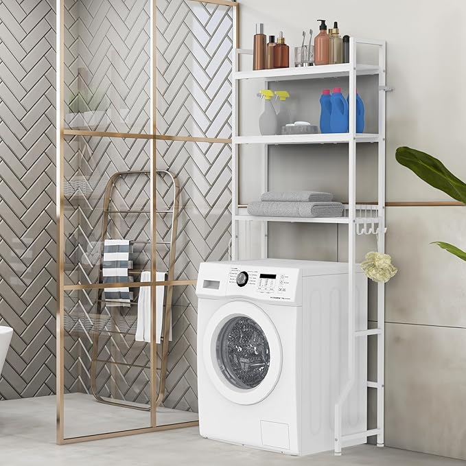 Over Toilet Storage 3 Tier Bathroom Organizer Over Toilet Above Toilet Storage Rack Freestanding Bathroom Space Saver Over Toilet Bathroom Organizer White for Restroom, Laundry, Wooden