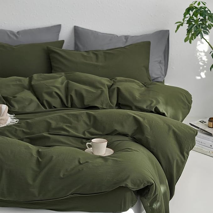 MooMee Twin Duvet Cover Set, 100% Washed Cotton Linen Like Twill Thick Sturdy Material Super Soft Breathable Durable Bedding for All Season, 2 Pieces (Olive Green, Twin 68"x90")