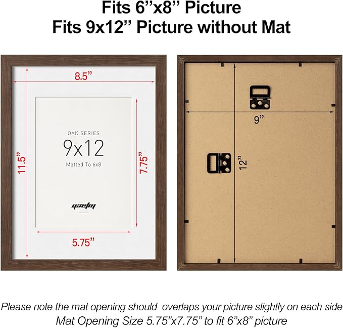Yaetm 9x12 Picture Frame with Mat for 6x8 - Brown Walnut, Rustic Solid Wood Photo Frame 9 x 12 with Tempered Glass for Art Print & Picture, Horizontal and Vertical Wall Mount (Single, Walnut)