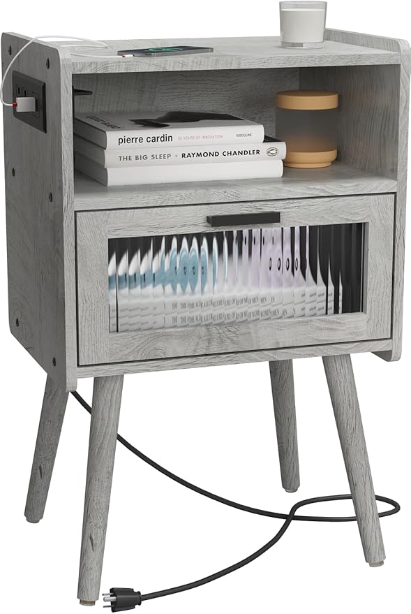SOOWERY Mid Century Modern Nightstand with Charging Station, Bedside Tables with Acrylic Drawer, End Table Side Table with 2 Tiers Storage Space, for Bedroom, Living Room, Light Grey