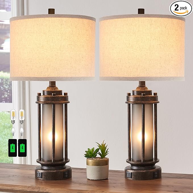 Set of 2 Farmhouse Lamps for Living Room, Rustic Vintage Bedroom Nightstand Table Lamp with 2 USB Charging Ports, Built-In Frosted Glass Night Light for End Table Entryway, 4 Bulbs Included (Bronze)