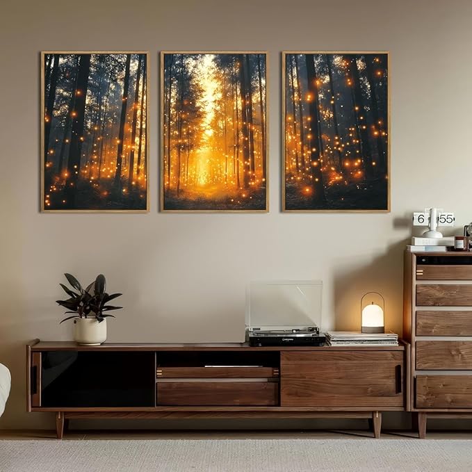 Large Magical Firefly Forest Framed Canvas Wall Art,Enchanted Night Nature Wall Decor,Moody Twinkling Firefly Artwork,Mystical Woodland Art Print for Living Room, Bedroom, Office- 24"x36"x3