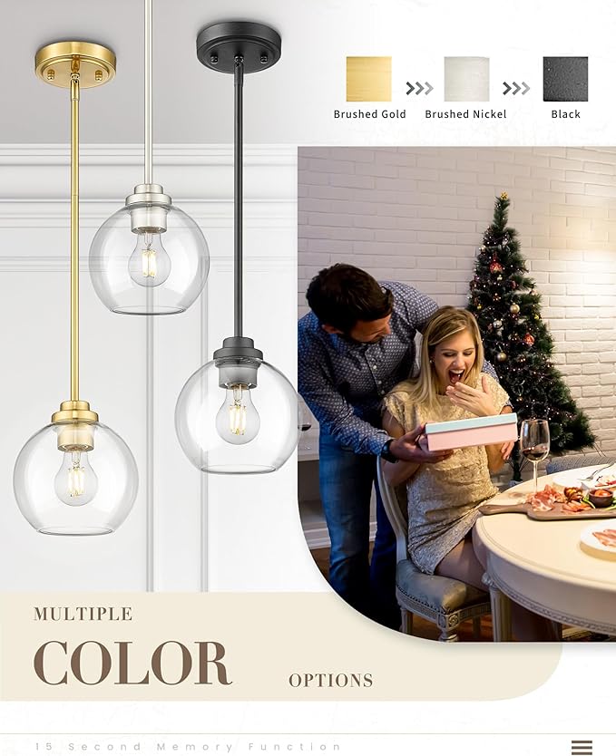 Globe Pendant Light Fixture, Modern Brushed Nickel Hanging Light with Clear Glass for Kitchen Island Dining Room Bedroom Hallway Foyer (1 Pack), PL101BN