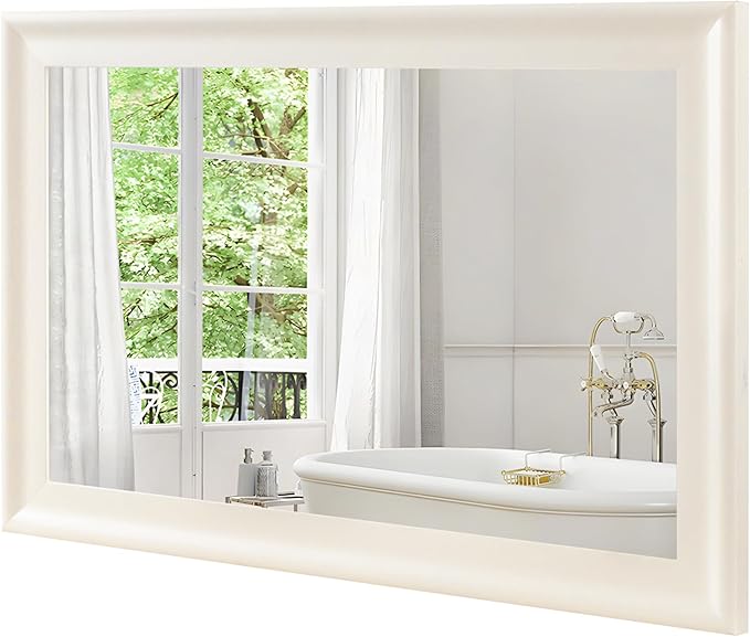 CULER White Wood Wall Mirror for Bathroom,Rectangle Rustic Beige 24 x 36 inch Hanging Vanity Ivory Mirrors with Wooden Frame for Living Room,Bedroom,Entryway