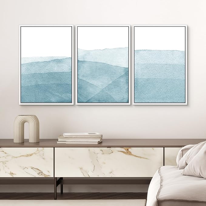 SIGNWIN 3 Piece Framed Canvas Wall Art Blue Wash Brushstroke Watercolor Nature Wilderness Illustrations Abstract Traditional Home Artwork Decoration for Living Room,Bedroom - 16"x24"x3 White